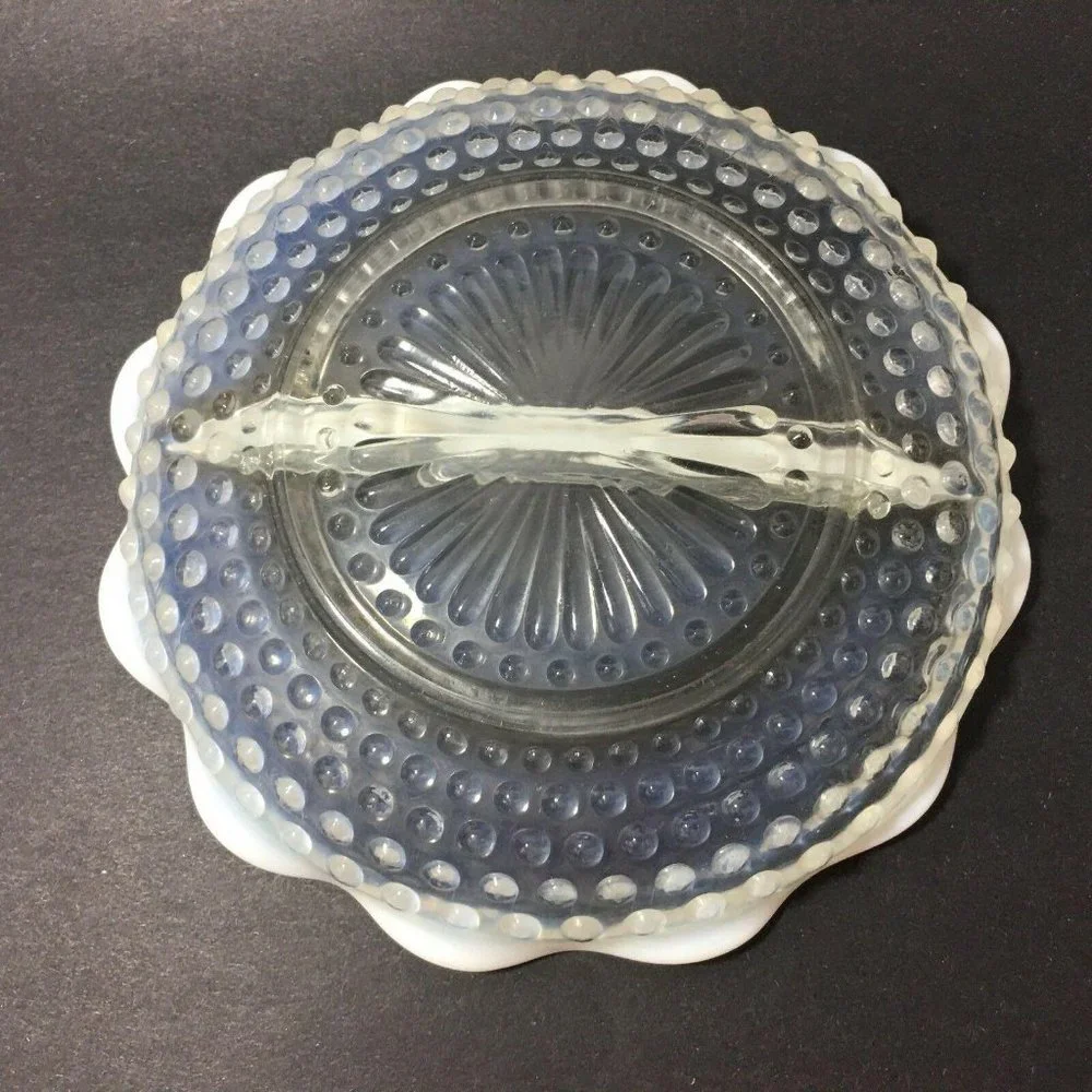 Fenton Opalescent Moonstone Hobnail Dish Glass Divided Round Scallop Edge 7 3/4